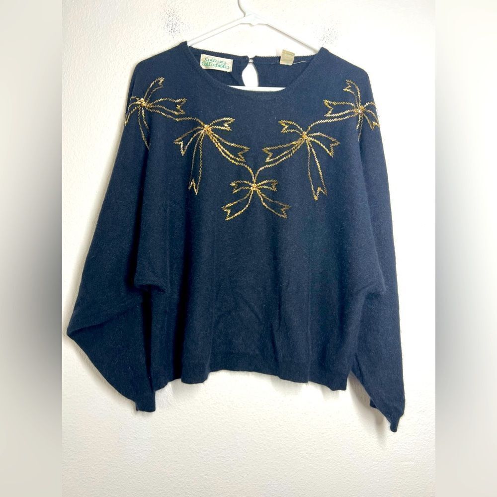 Vtg Colleen’s Collectables Lambwool Angora Rabbit Hair Beaded Black Sweater Sz M